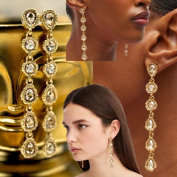 🆕 OSCAR DE LA RENTA 🧿 NWOT Lintzer Vertical Crystal Earrings, Golden Shadow - Picture 1 of 12